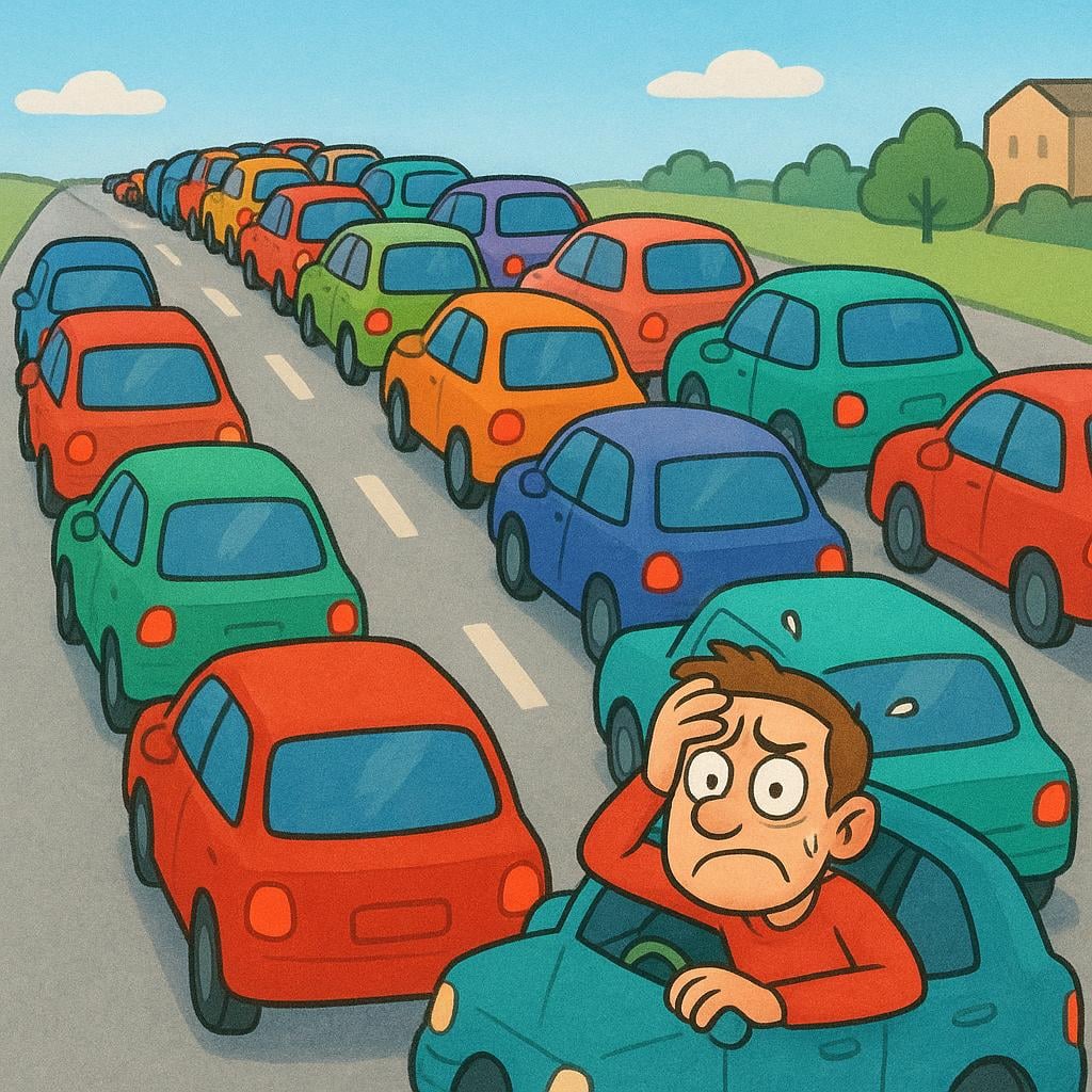 A colorful illustration of a massive, stalled traffic jam on a highway, with one driver looking extremely frustrated and annoyed.