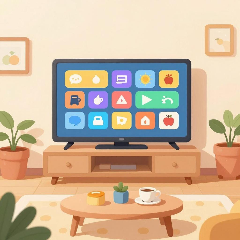 A colorful living room with a television showing a variety of different colorful channel icons.