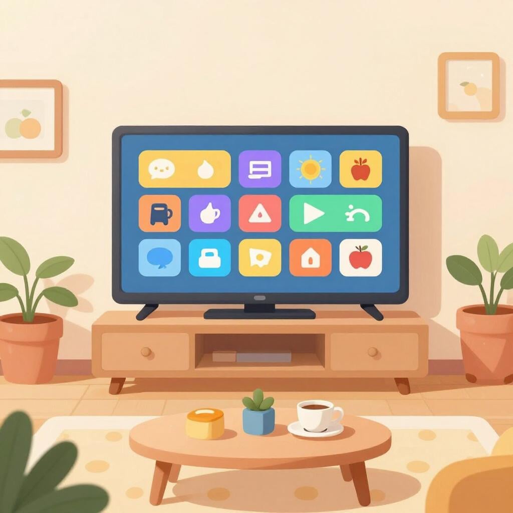 A colorful living room with a television showing a variety of different colorful channel icons.