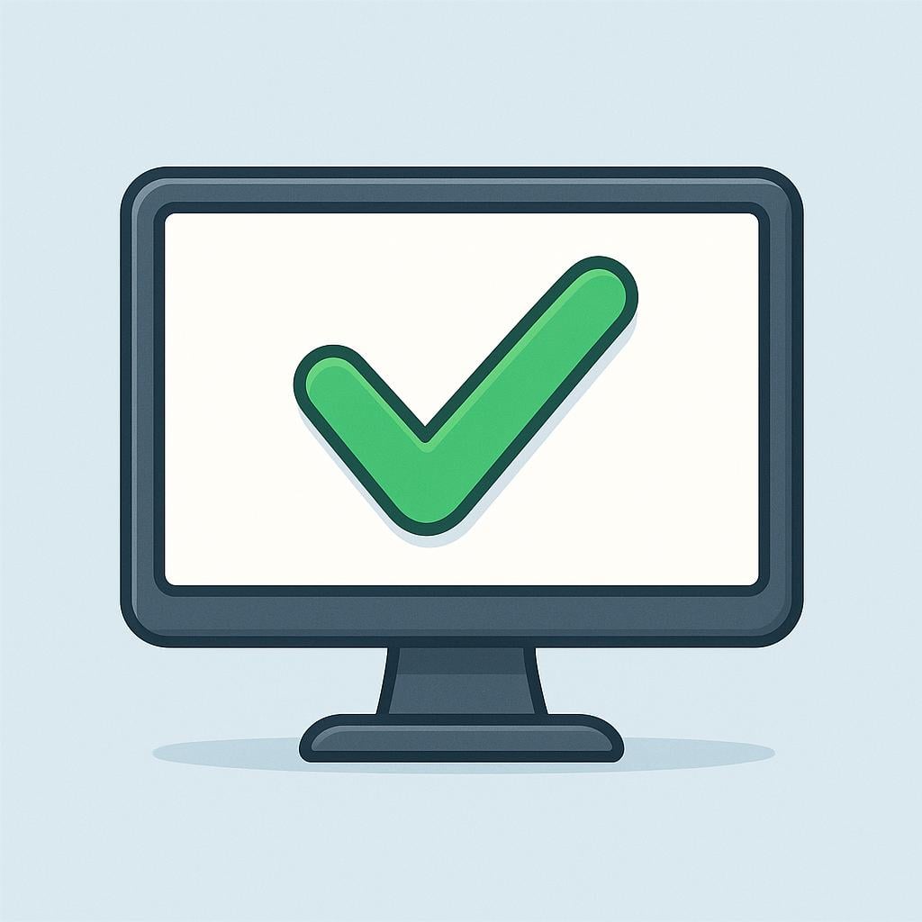 A simplistic desktop computer monitor displaying a large green checkmark symbol on its screen, indicating authorized software use.