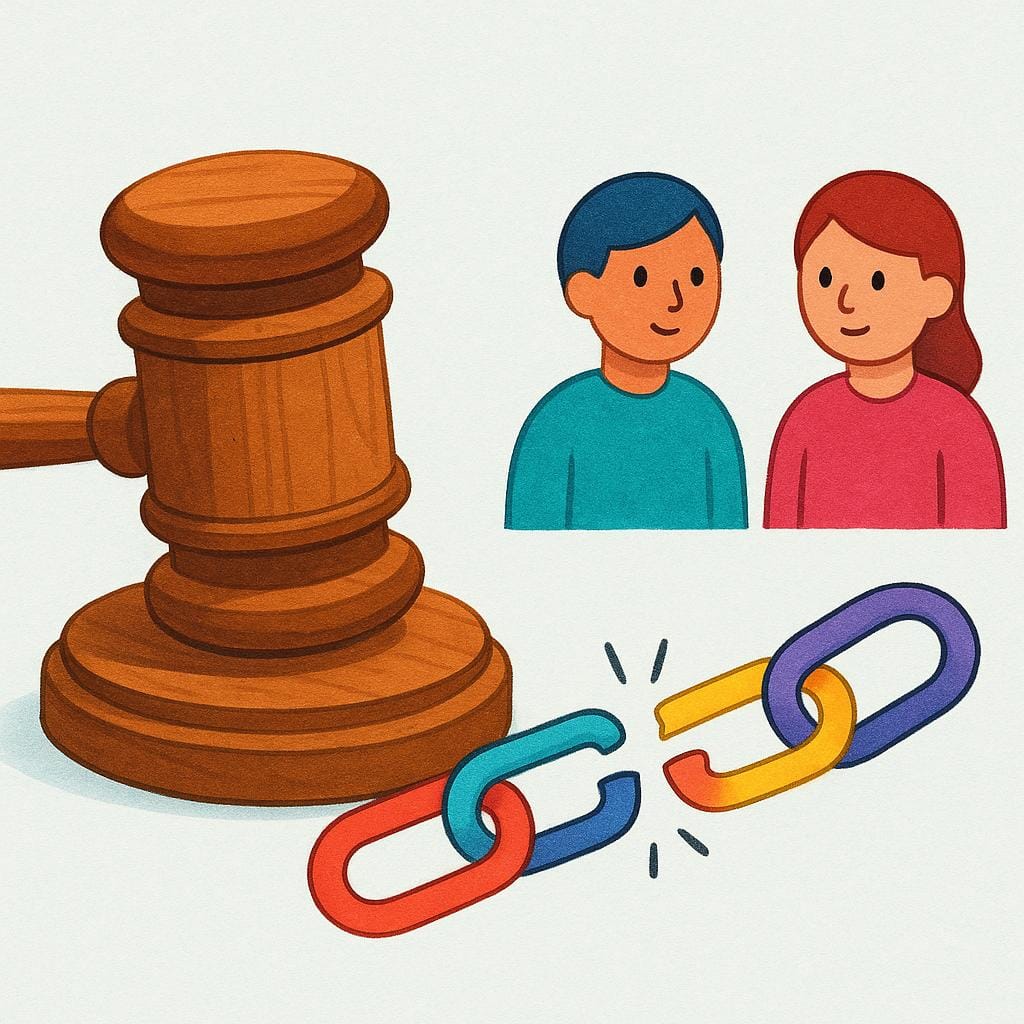 A colorful storybook illustration featuring a large wooden gavel resting on a block. Next to the gavel, two simplified human figures are depicted, linked by a thick, snapped chain, symbolizing the legal concept of homicide.
