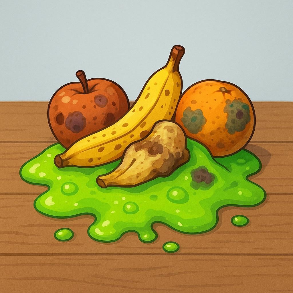 A close-up illustration of a pile of bright green, bubbly slime mixed with several pieces of rotting, brown fruit.