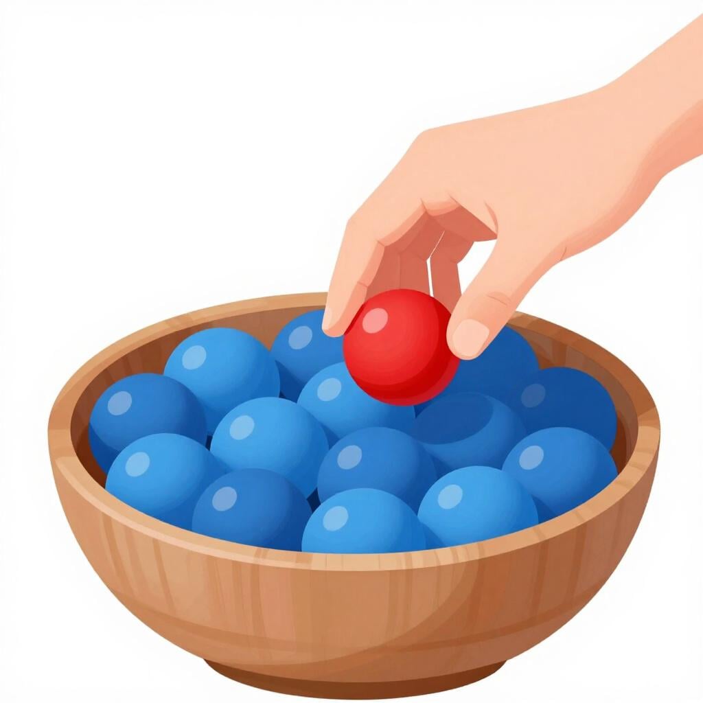 Een kleurrijke sprookjesachtige illustratie van een hand die één rode bal uit een groep van vele blauwe ballen tilt.