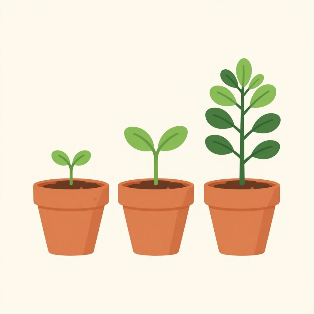 A sequence of three potted plants showing a tiny seedling growing into a healthy, leafy plant.
