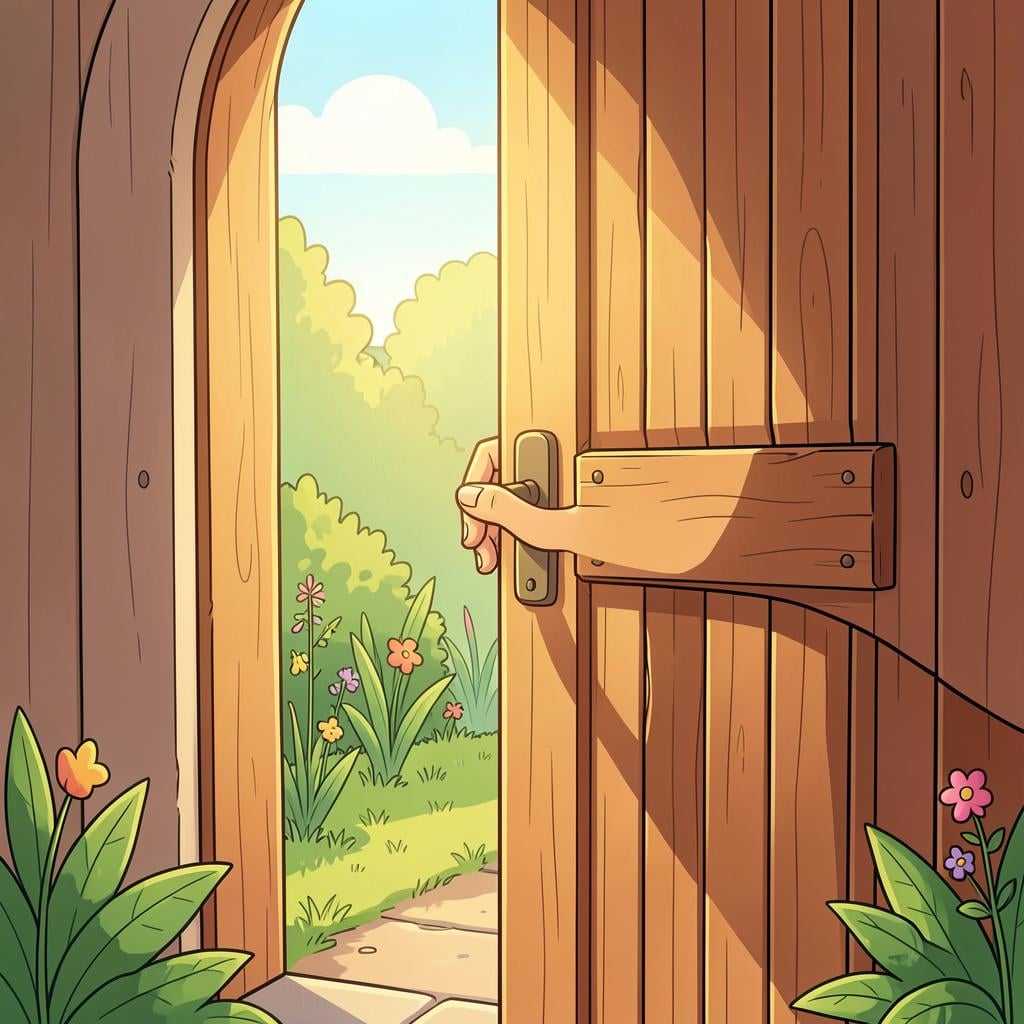 A hand gently pushing open a large wooden door to reveal a bright, sunny garden.