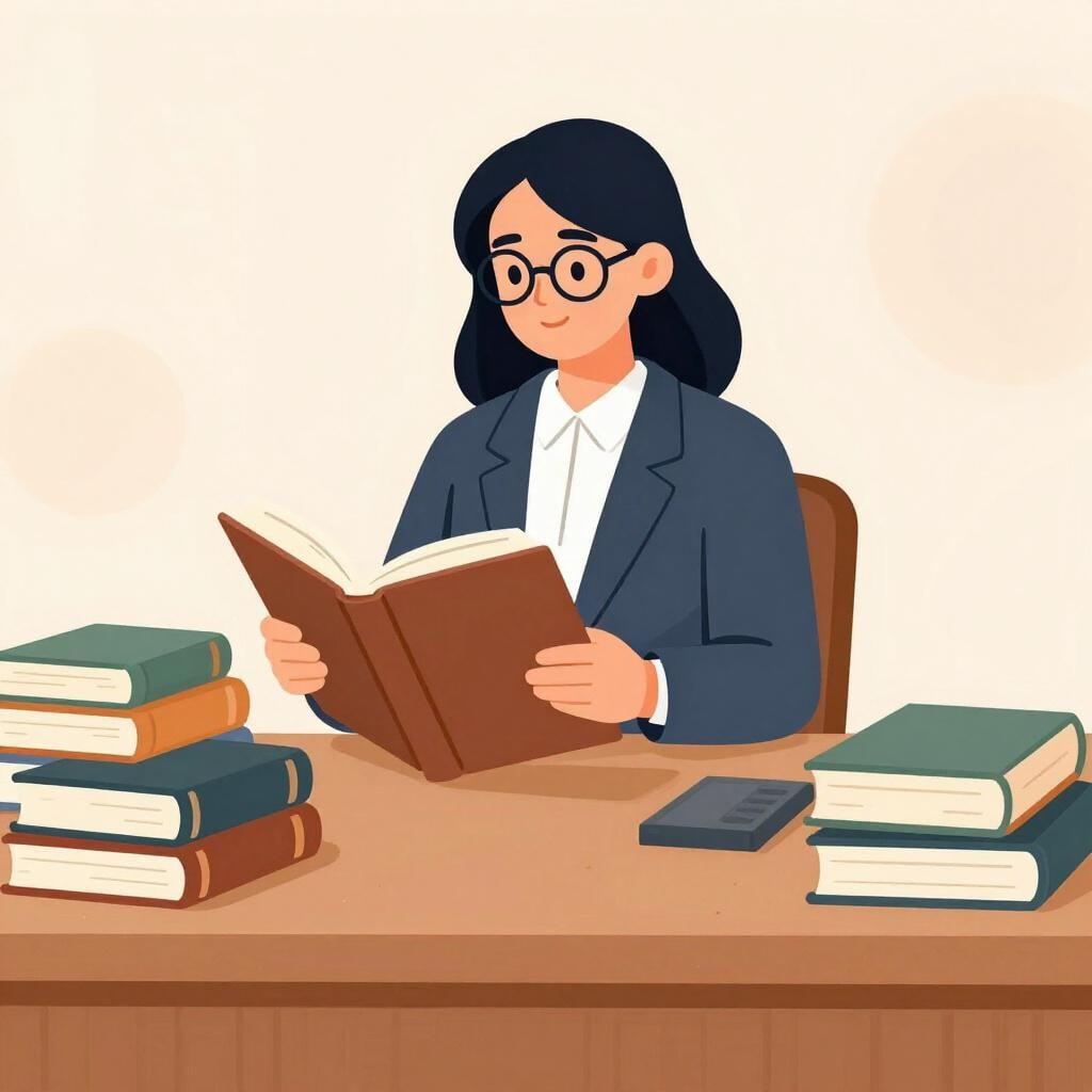 Uma mulher profissional sentada em uma grande mesa de madeira coberta com pilhas de livros, segurando um livro acadêmico aberto, simbolizando alguém com doutorado (Ph.D.).