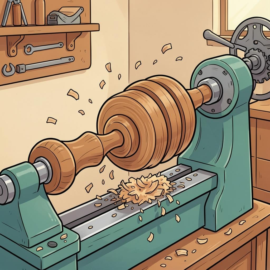 A wooden table leg being shaped on a woodworking lathe with wood shavings falling away.