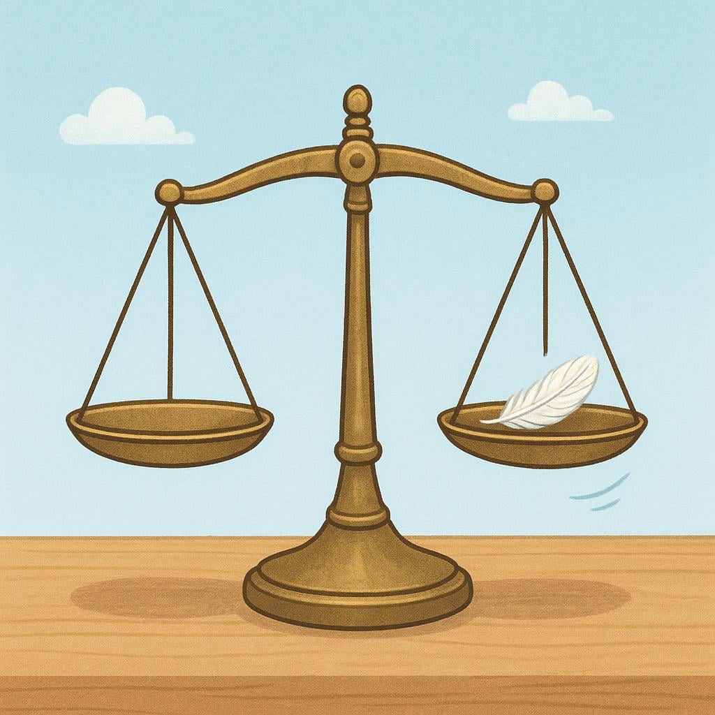 A simple balance scale standing perfectly level, with a single tiny feather just starting to make one side decisively tip downward, symbolizing a crucial moment.