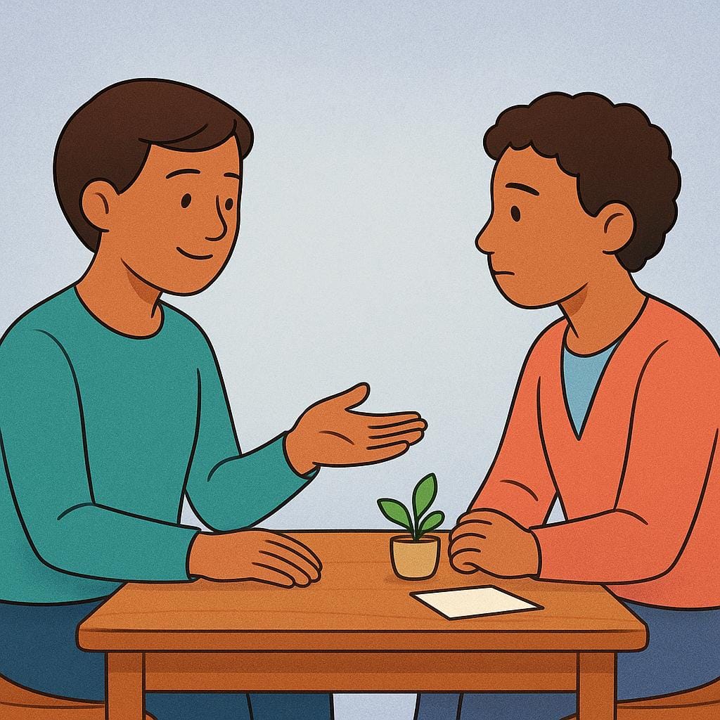 A high quality storybook illustration showing a professional counselor sitting at a desk, leaning forward slightly and offering reassuring advice to a client who is listening intently.