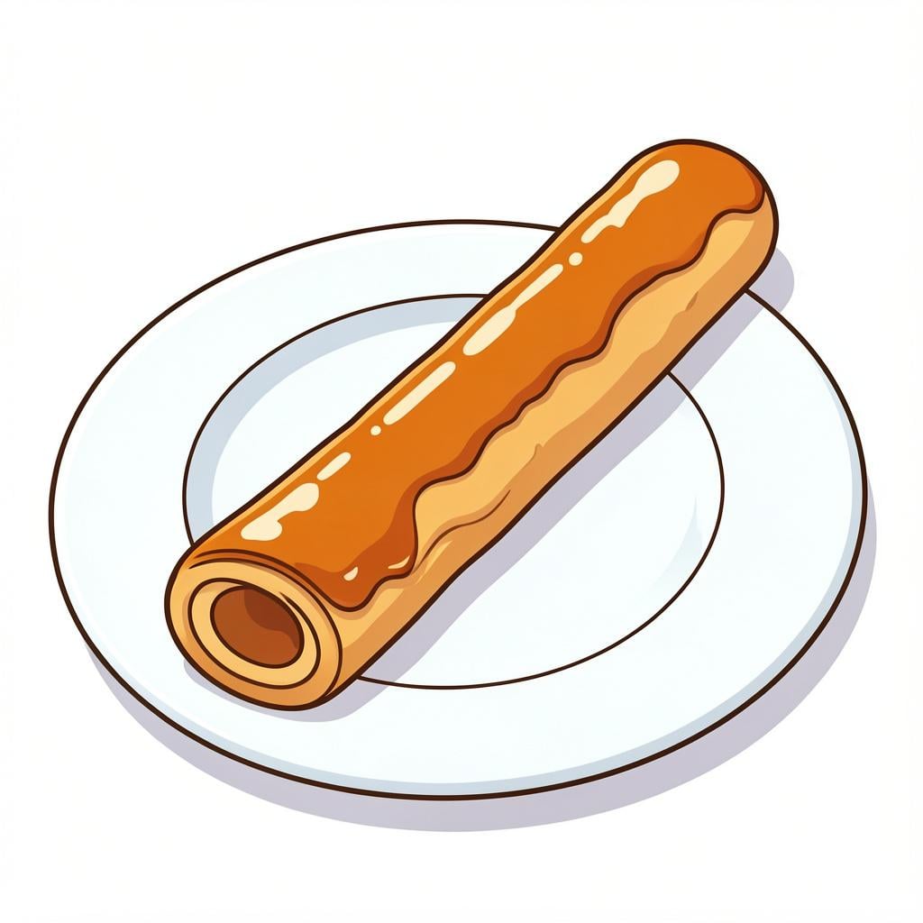 A long, thin, golden-brown pastry drizzled with sweet glaze on a white plate.