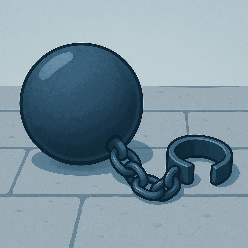 A heavy iron ball and chain resting on a stone floor.