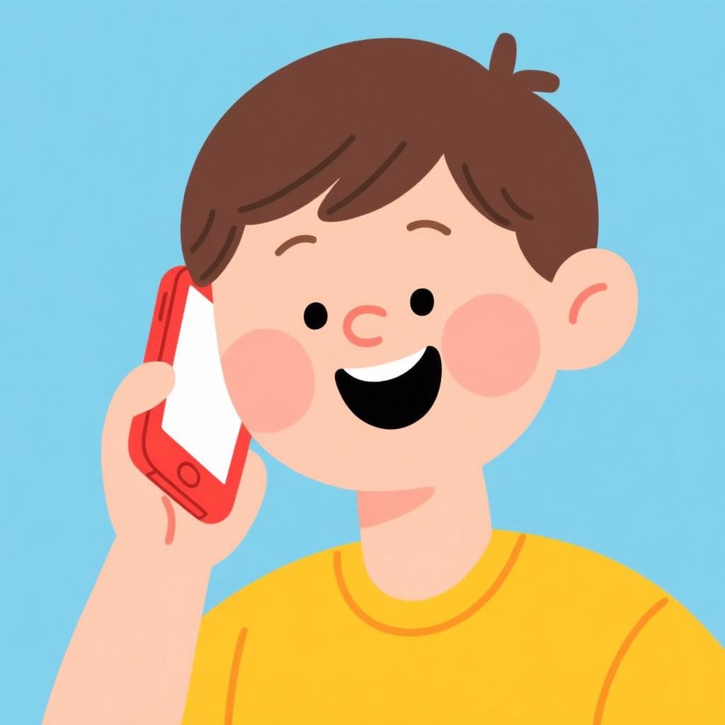Uma pessoa sorrindo enquanto segura um celular na orelha, representando uma chamada telefônica.