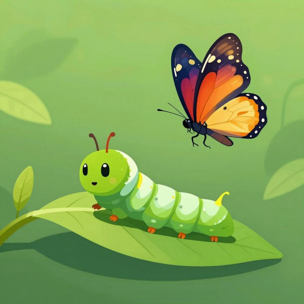 A green caterpillar on a leaf turning into a colorful butterfly with bright wings.