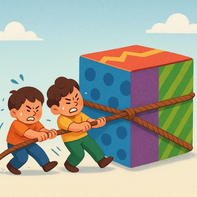 A high quality storybook illustration depicting two small, determined figures working together. They are pulling hard on a rope attached to a large, colorful block, visibly exerting maximum effort to move it.