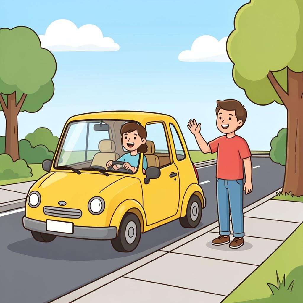 가방을 든 친구에게 인도 길가에 서서 손을 흔드는 작은 노란 차 안의 웃는 사람.