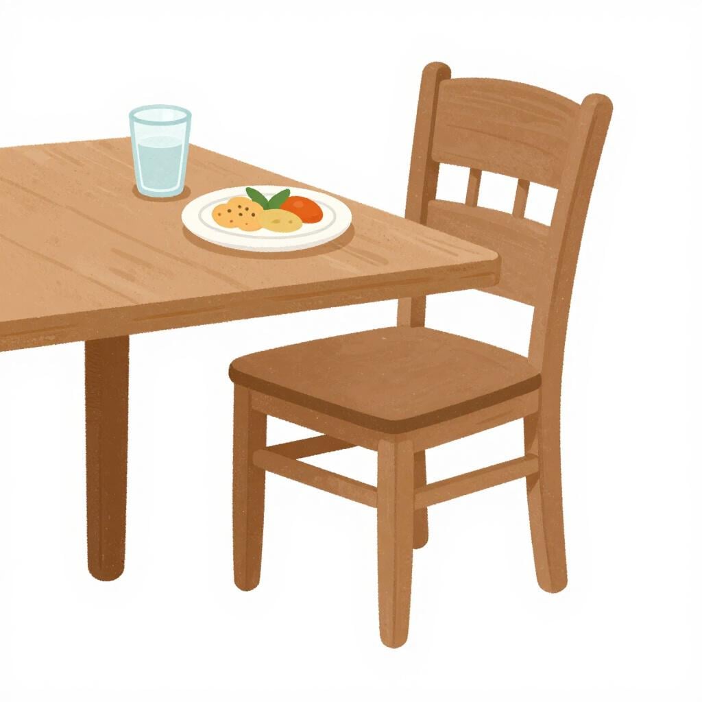 An empty wooden chair at a dinner table with a full plate of food.