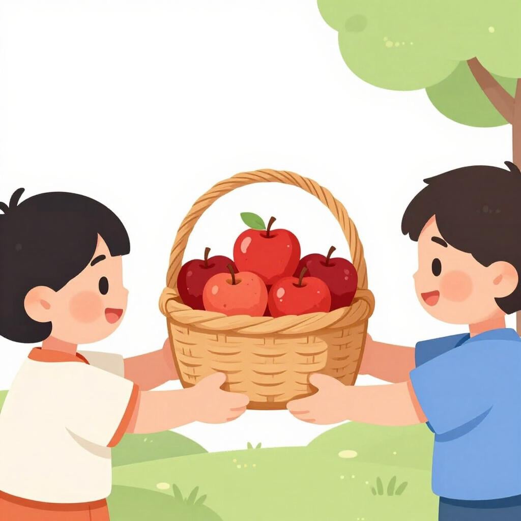 Two children smiling and holding out a basket of bright red apples toward the viewer.