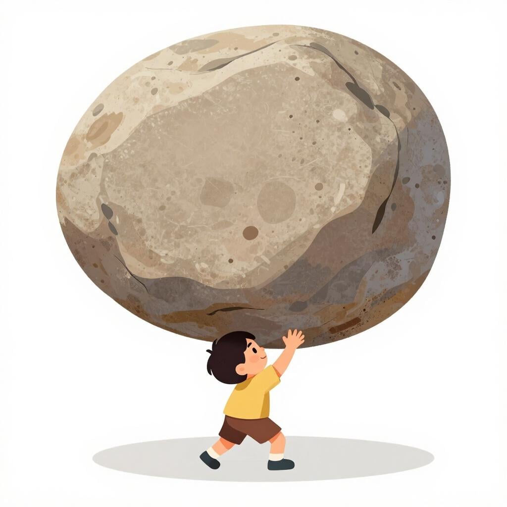 Een klein kind in een rood shirt dat probeert een enorme, zware grijze kei op te tillen.