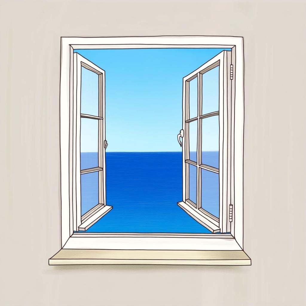 A close-up view of an open window overlooking a clear blue sea and horizon.