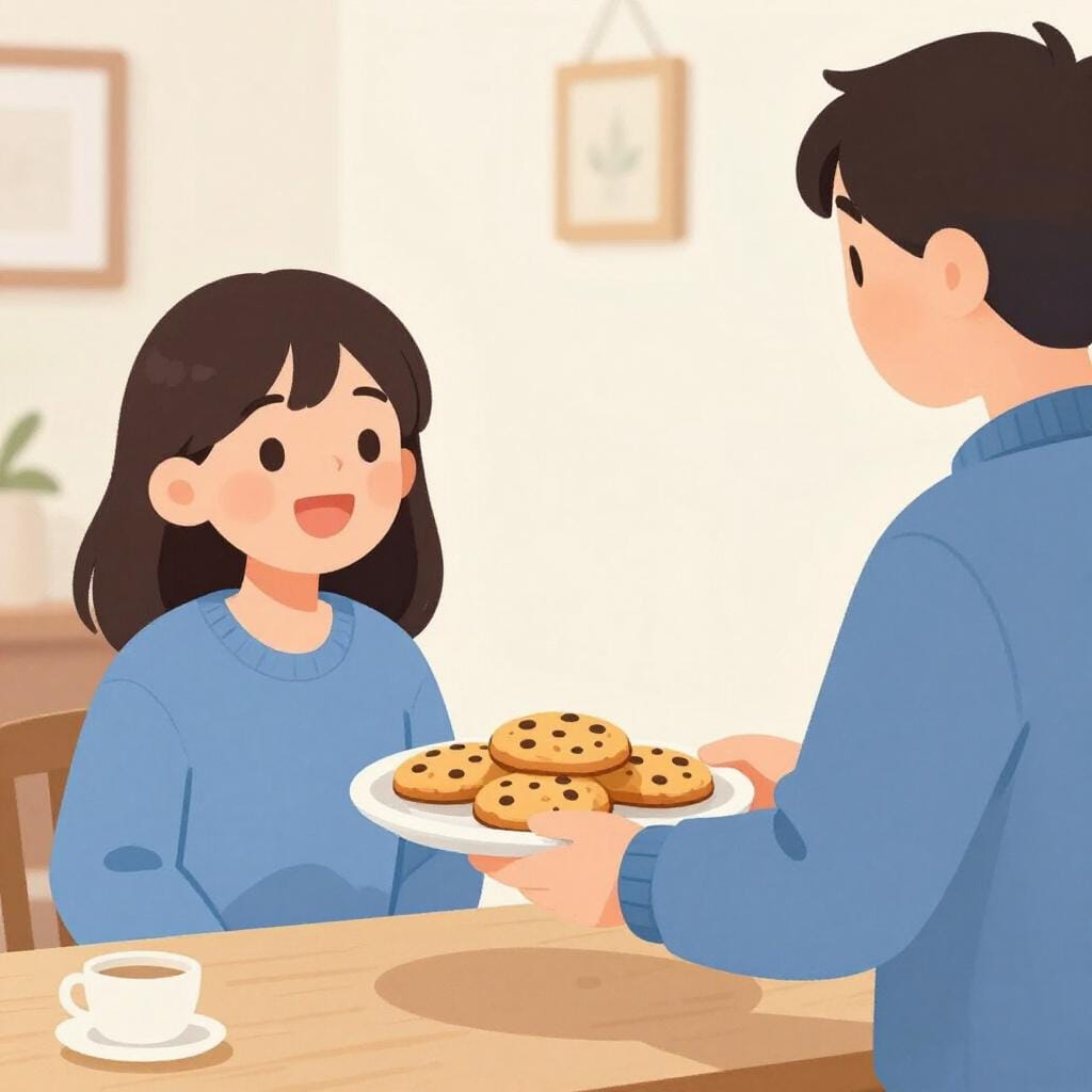 갓 구운 쿠키를 웃는 친구에게 건네는 사람.