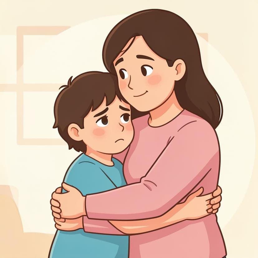 A child looking apologetic while an adult gives them a gentle, comforting hug.