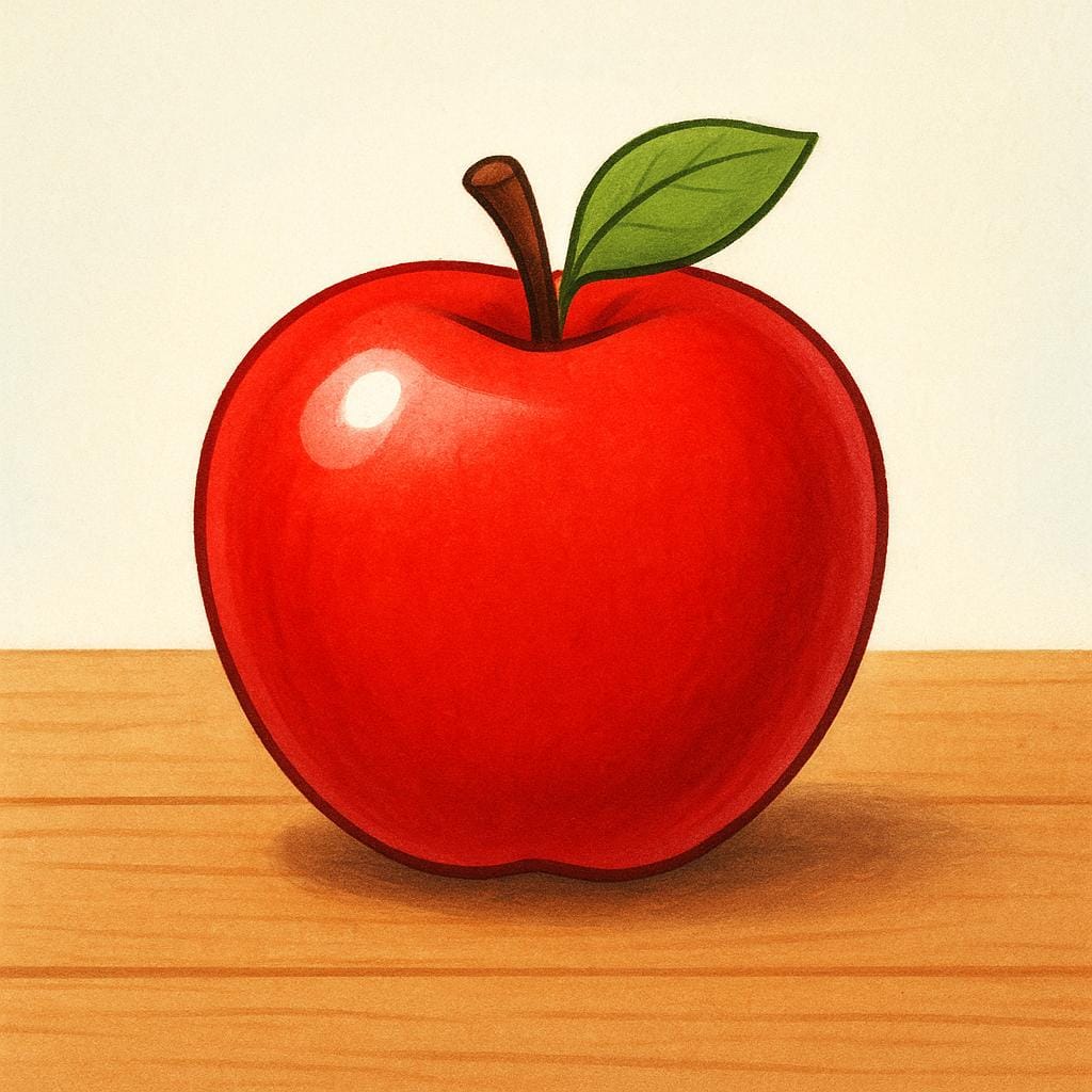A single, pristine, shiny red apple resting on a clean wooden surface, symbolizing good quality.