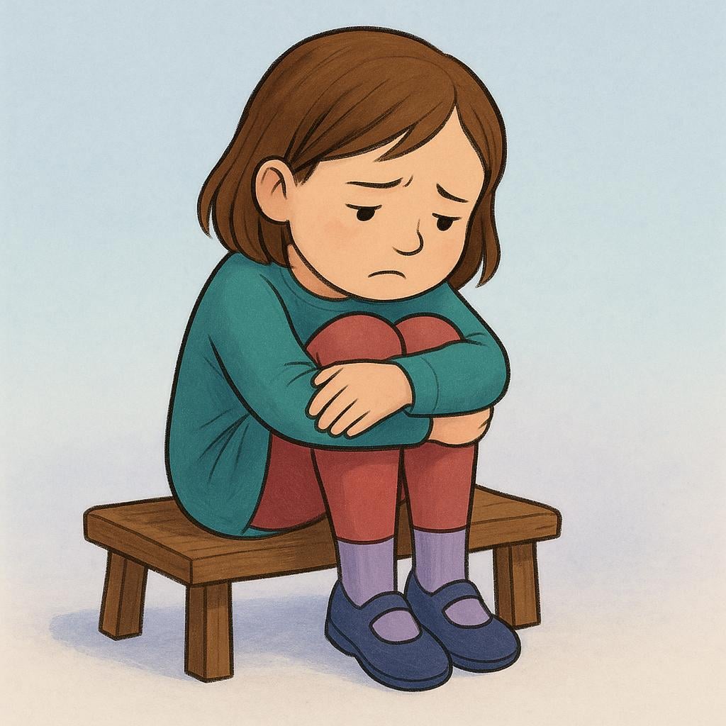 A high quality simple colorful storybook illustration of a young girl sitting alone on a wooden bench, looking down with a furrowed brow and a sad expression, clearly depicting worry.