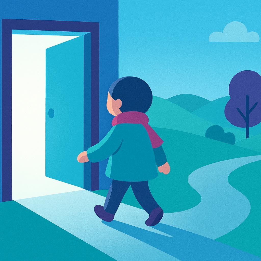 A storybook illustration of a person stepping outside through an open door, symbolizing leaving.