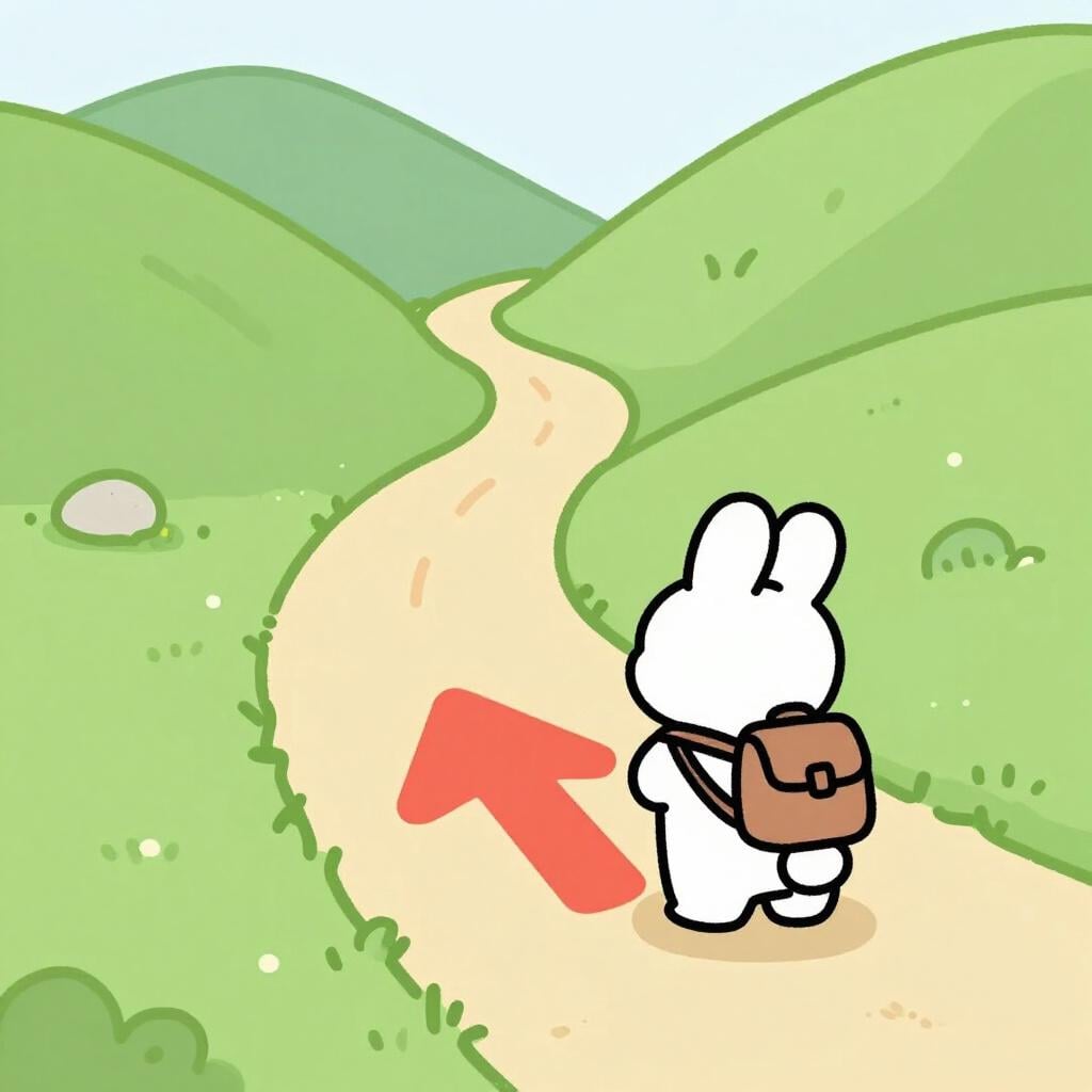 A determined rabbit character looking up a winding path marked by a large red arrow, symbolizing a strong obligation to proceed.