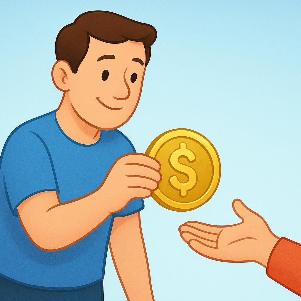 A colorful storybook illustration showing a male character wearing a simple blue shirt handing a large, shiny gold coin to another person, symbolizing payment.