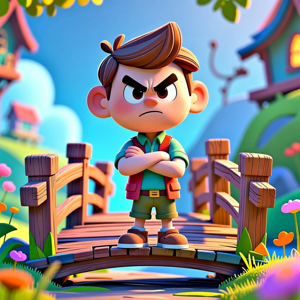 Eine stilisierte Figur, die mit verschränkten Armen fest auf einer kleinen Holzbrücke steht und eine absolute Ablehnung symbolisiert.