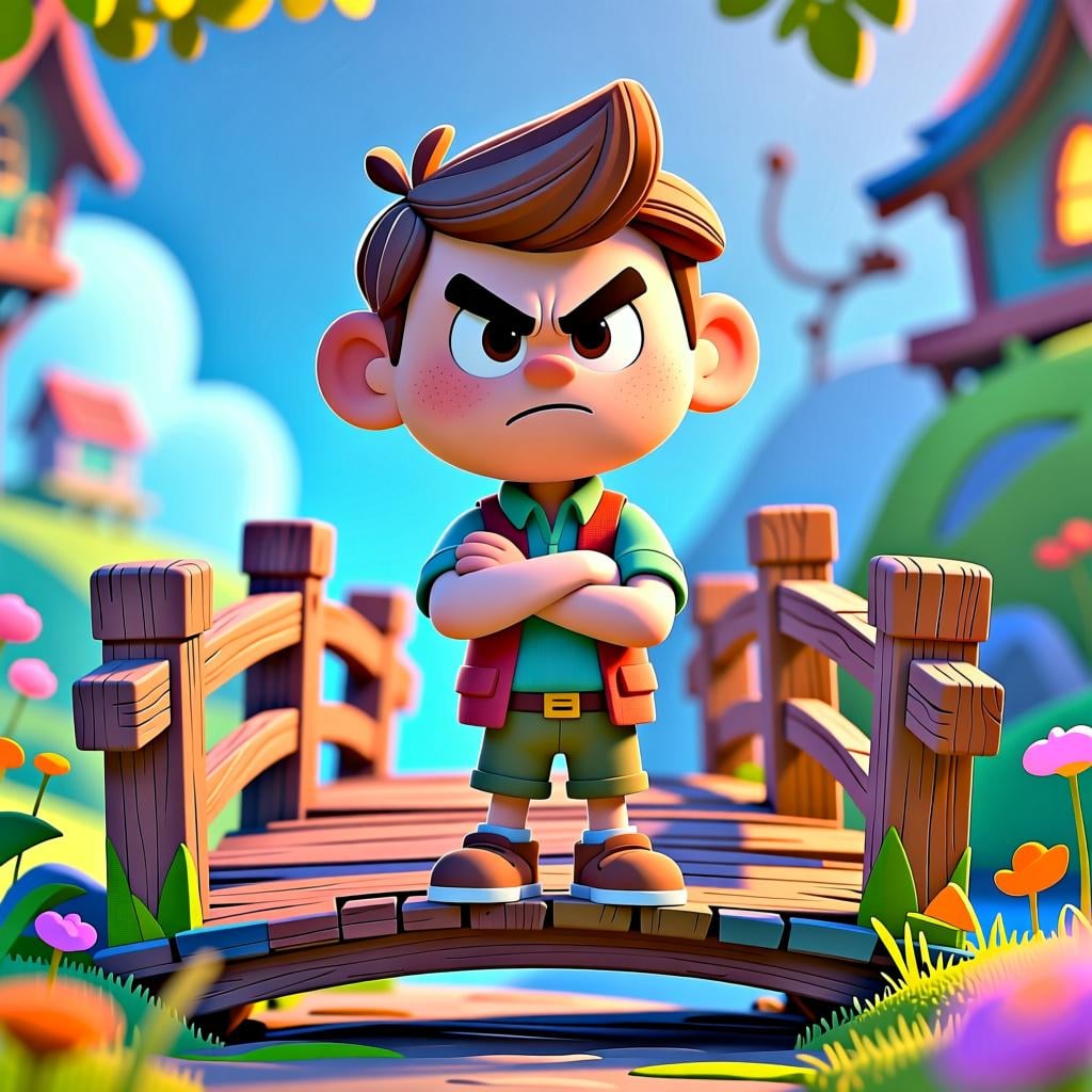A stylized character standing firmly with arms crossed, blocking a small wooden bridge, symbolizing absolute refusal.