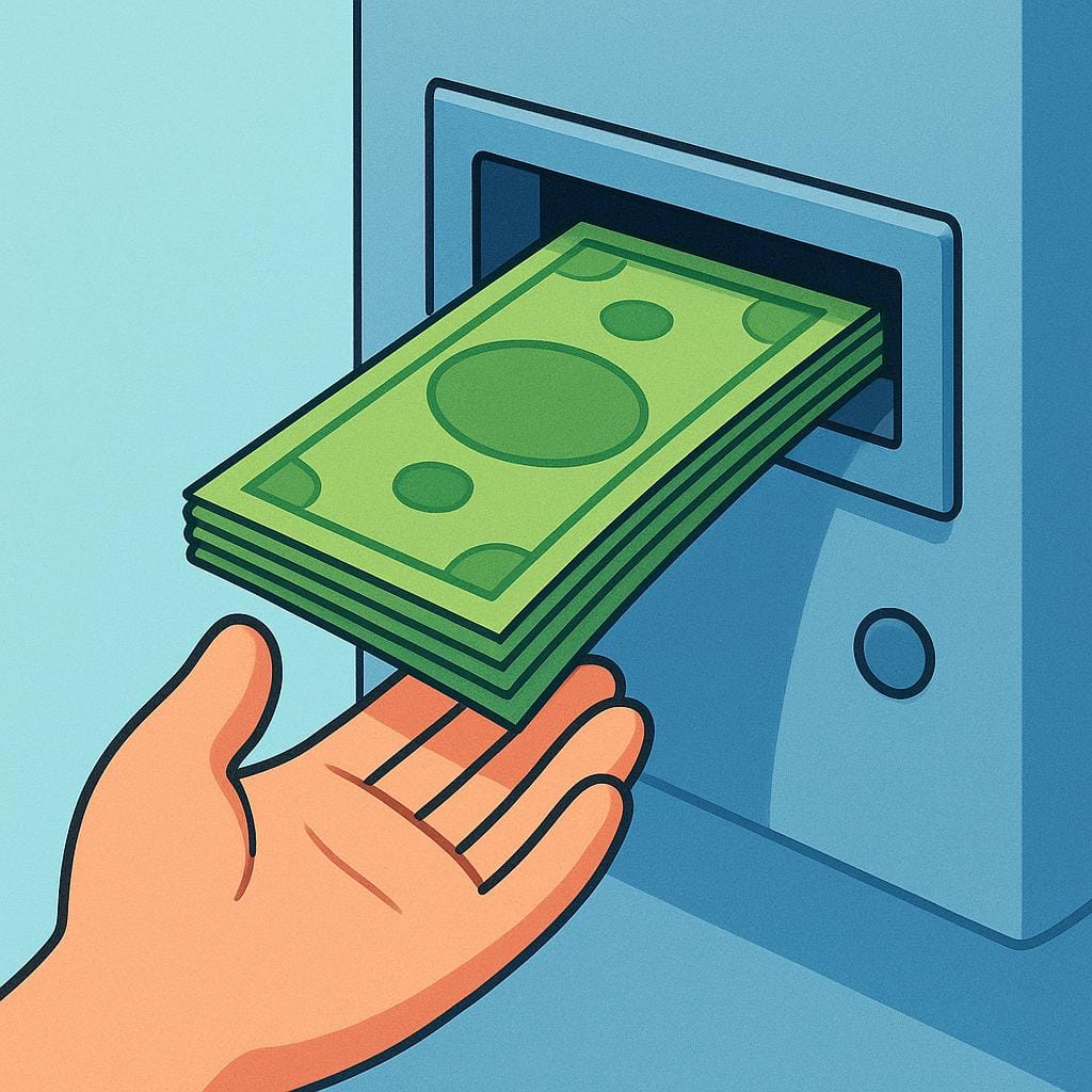 A cartoon hand reaching to grasp a small stack of green currency bills emerging from a simple dispensing slot.