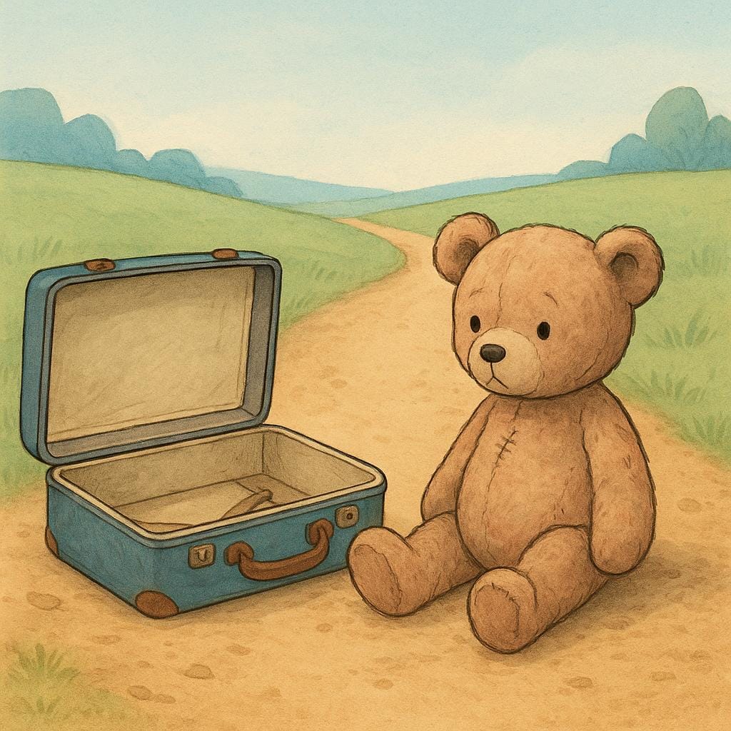 Een enkele, vervaagde teddybeer zit op een onverharde weg naast een open, lege koffer, wat suggereert dat deze is achtergelaten en in de steek gelaten.