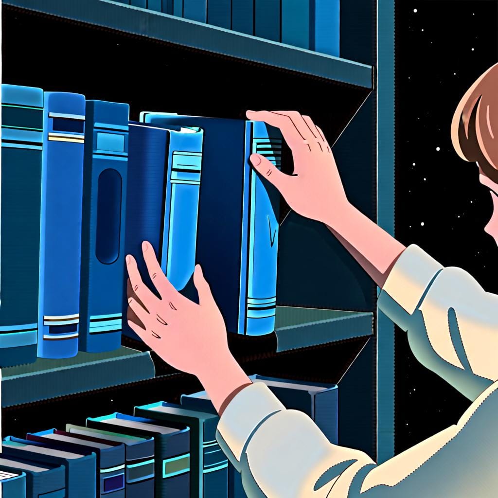 Hands placing several blue books onto a shelf, showing an action being done 'to them'.