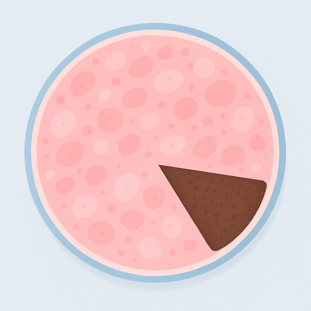 A simple cross-section illustration of biological tissue, where most of the tissue is healthy pink, but a distinct, wedge-shaped area is dark brown, representing necrosis or dead tissue.