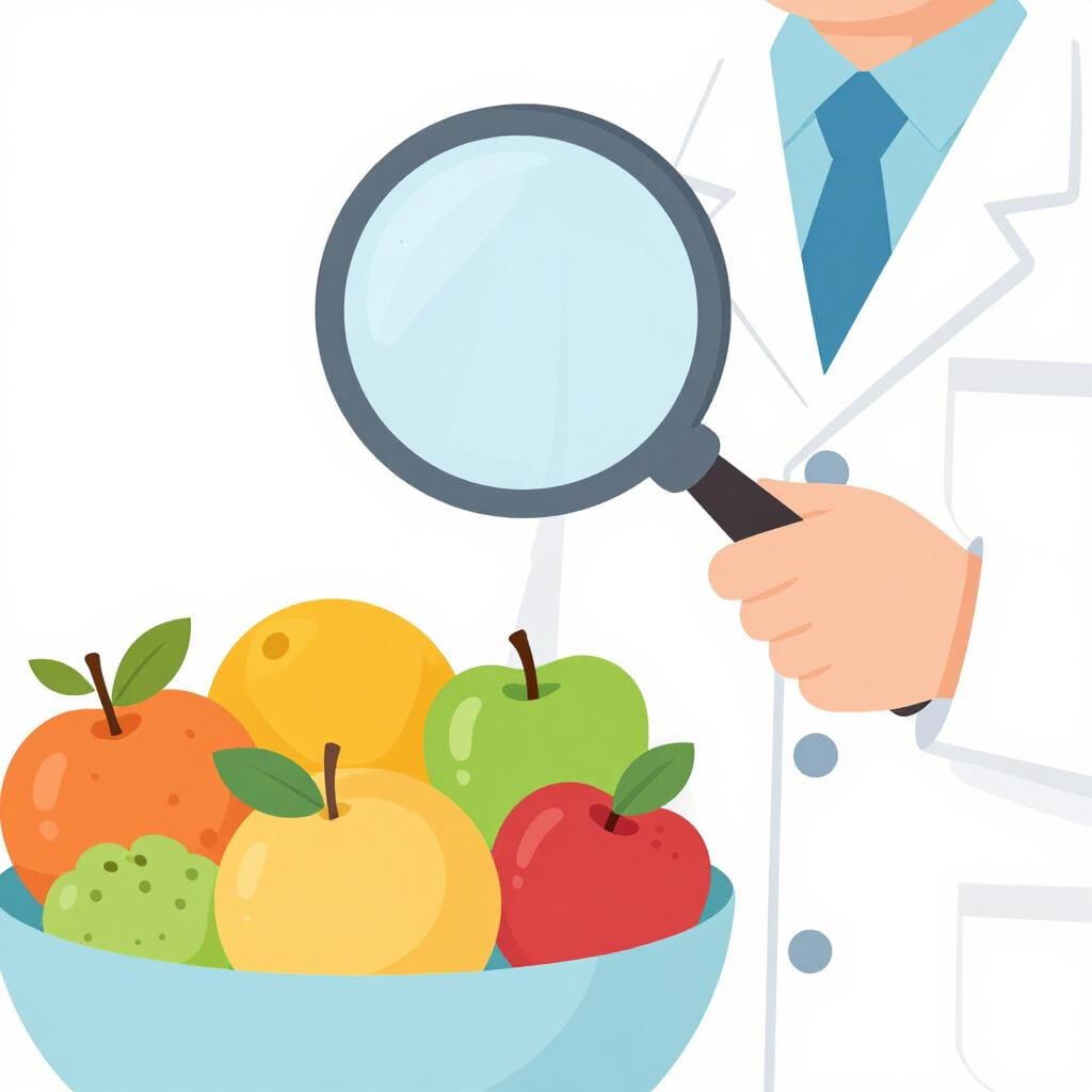 A scientist in a white coat looking at a bowl of fresh fruit through a magnifying glass.