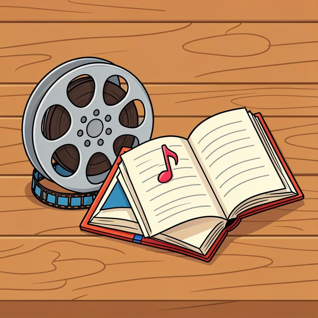 A collection of icons representing different artistic styles: a film reel, a book, and a musical note.