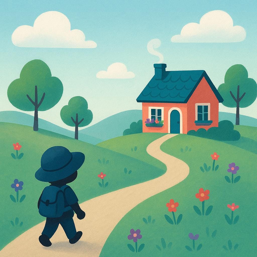 A person walking down a winding path towards a cozy, brightly colored cottage, illustrating the concept of returning home.