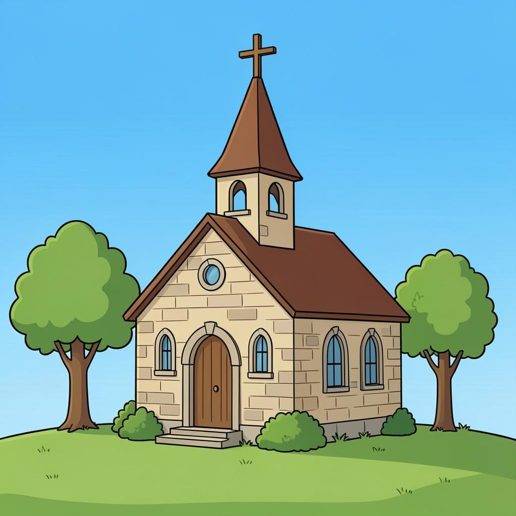 Eine einfache Steinkirche mit einem Kreuz auf dem Dach vor blauem Himmel.