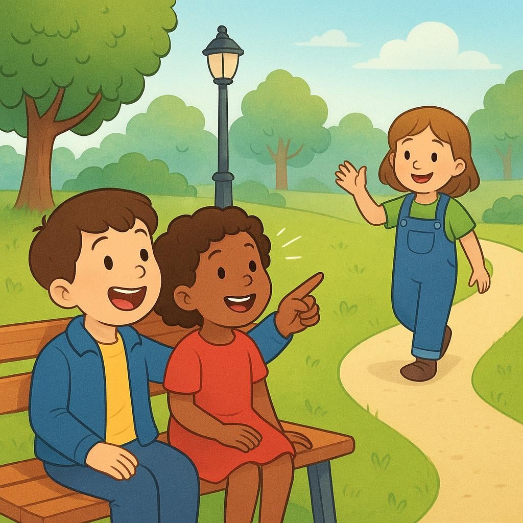 One child pointing across a park bench toward a third child who is waving, illustrating the concept of 'a friend of yours.'