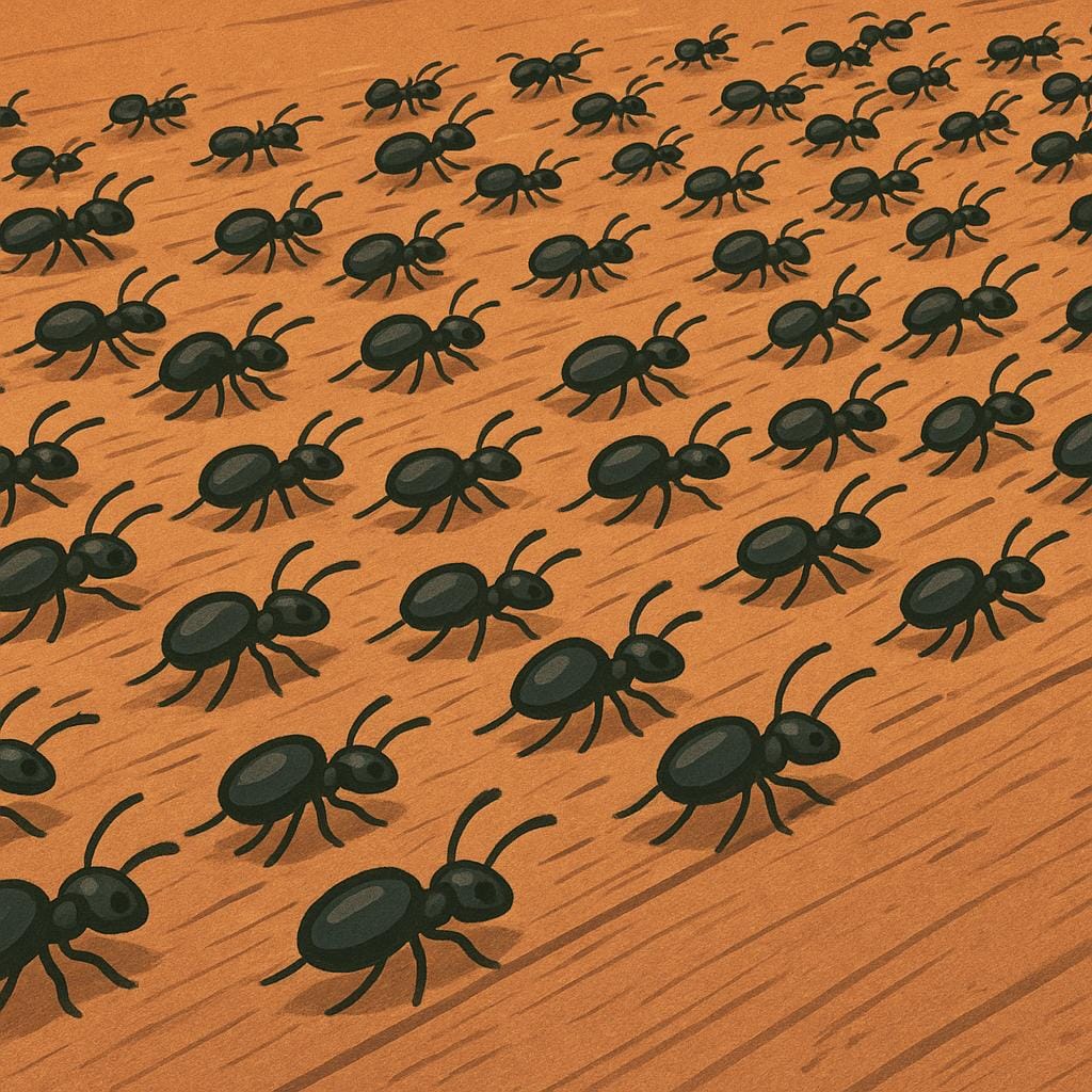 Un essaim massif et dense de minuscules fourmis noires rampant sur une surface en bois, illustrant une 'armée' comme un grand groupe.