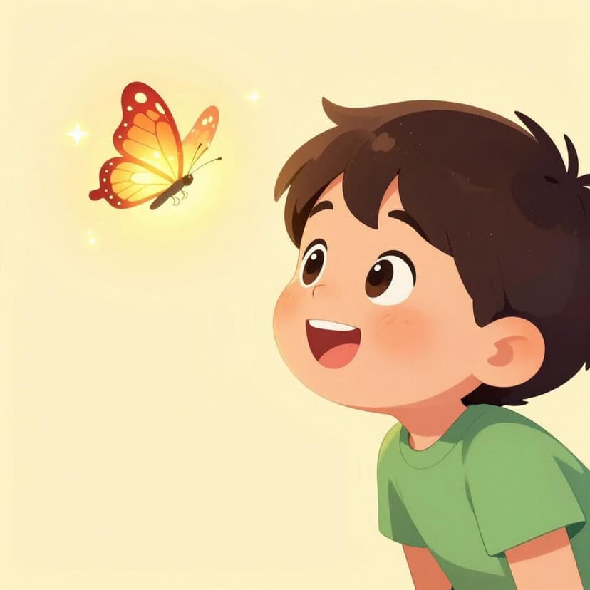 A child with wide eyes and a bright smile looking closely at a glowing, colorful butterfly on a leaf.