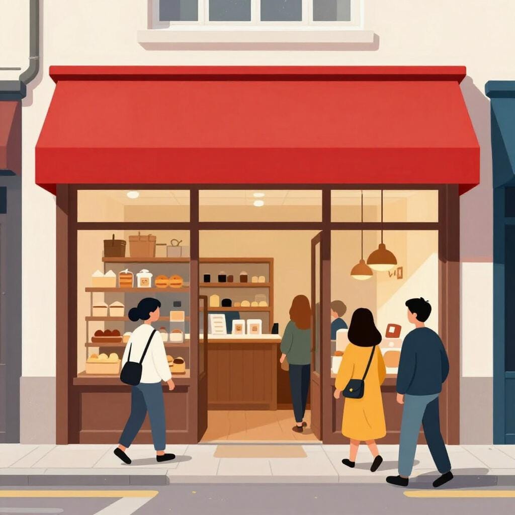 Uma montra colorida com um sinal brilhante de 'Aberto' e pessoas a caminhar em direção a ela.