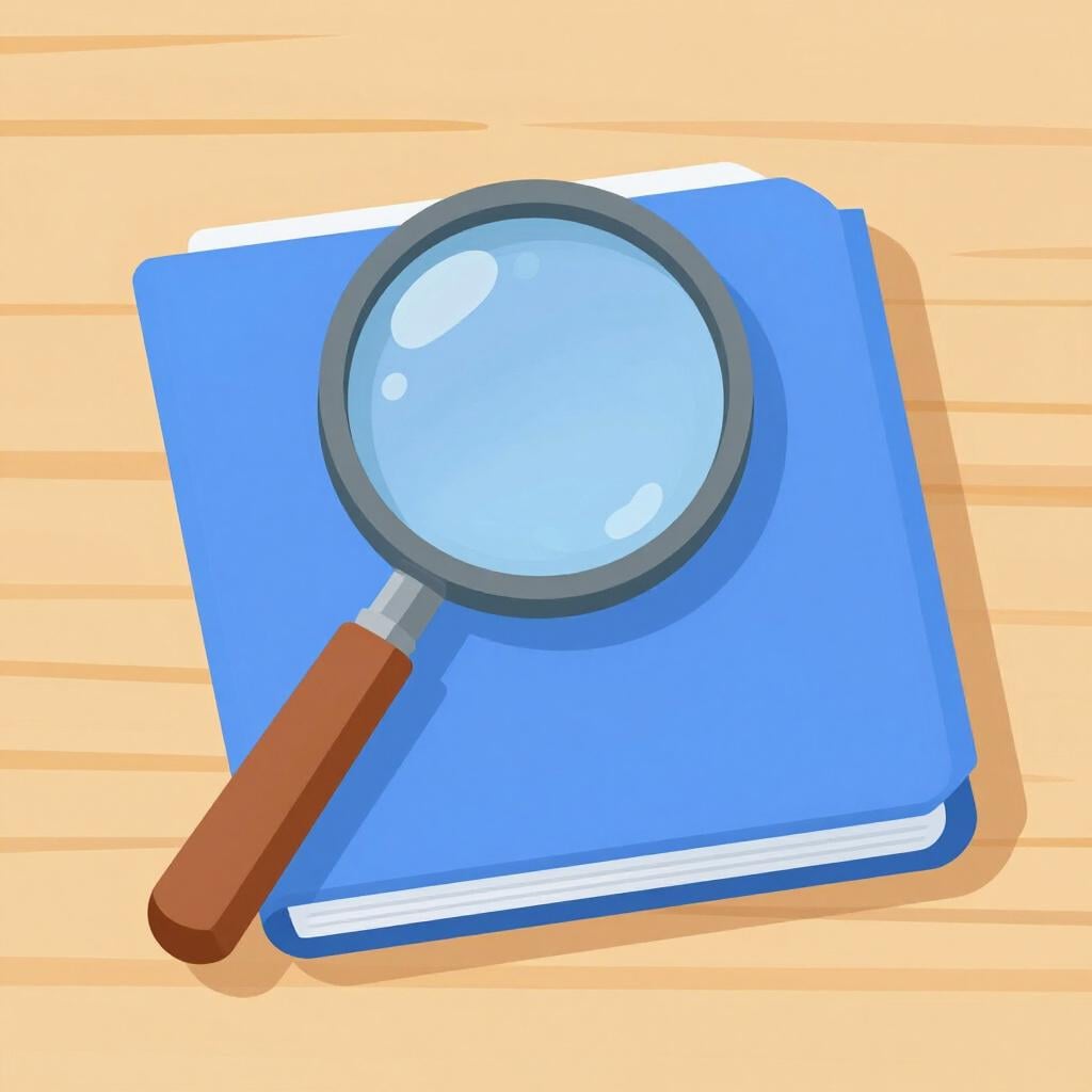 A magnifying glass held over a blue folder on a desk.