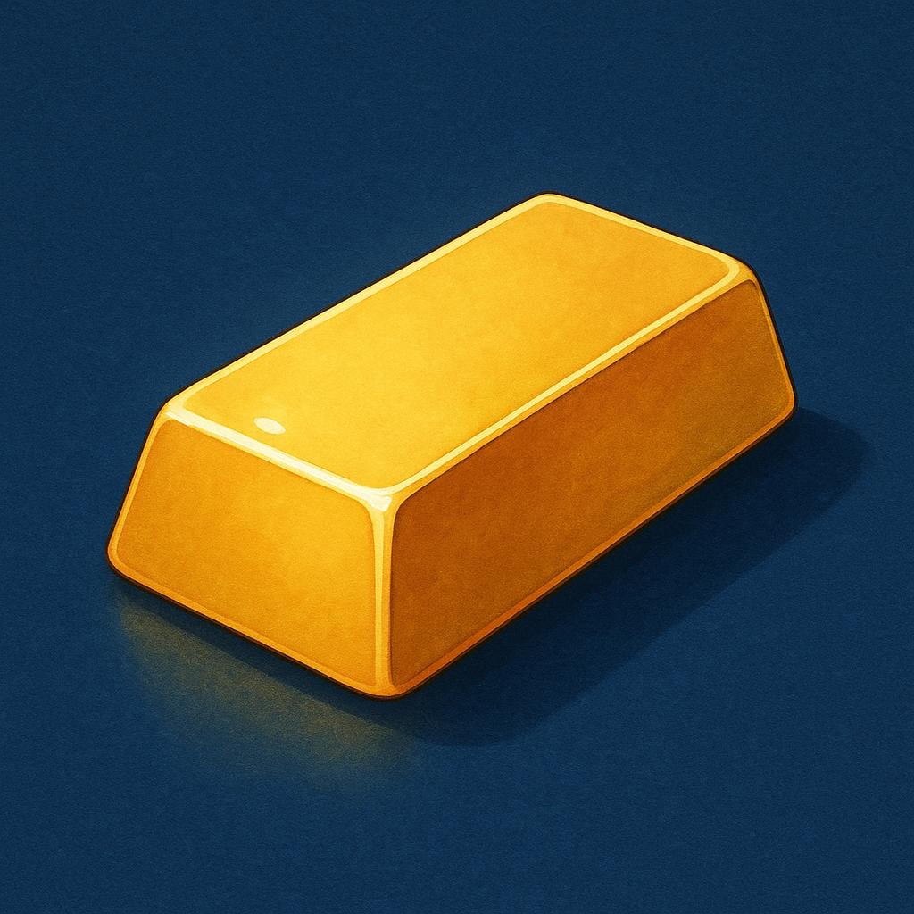 A single, shiny rectangular gold ingot resting on a simple dark surface, emphasizing its metallic color and value.