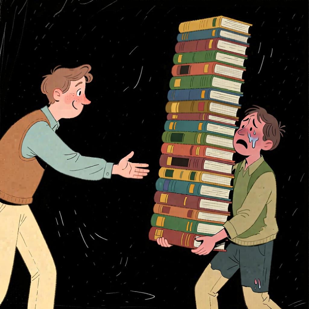 A person offering a hand to help another person who has dropped some books.