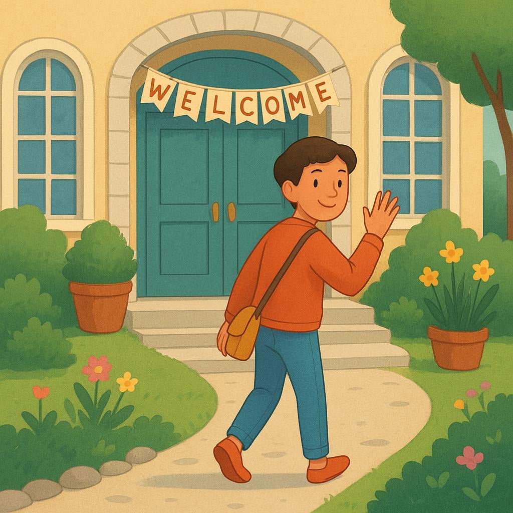 A smiling person carrying a small bag, walking away from the front doors of a large, welcoming building, symbolizing being discharged.