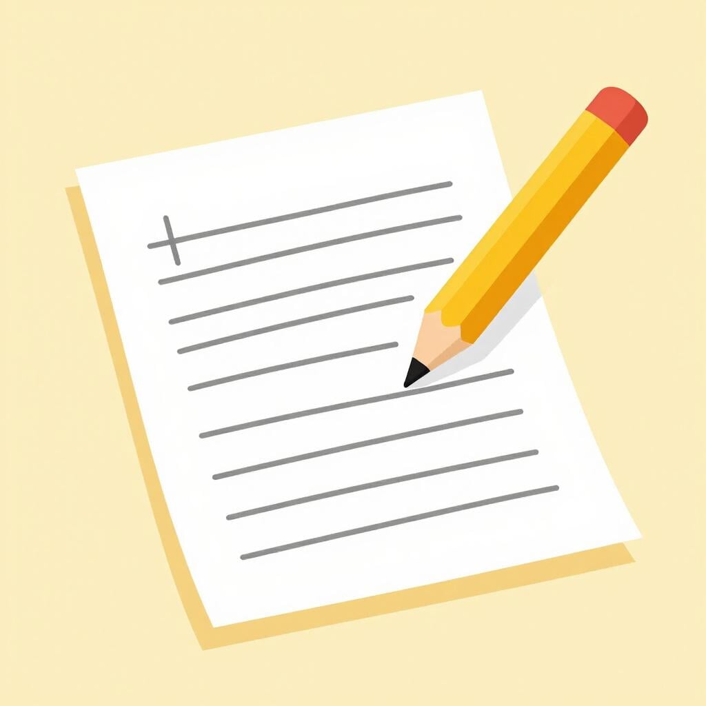 Une feuille de papier avec une histoire manuscrite et un petit crayon à côté.