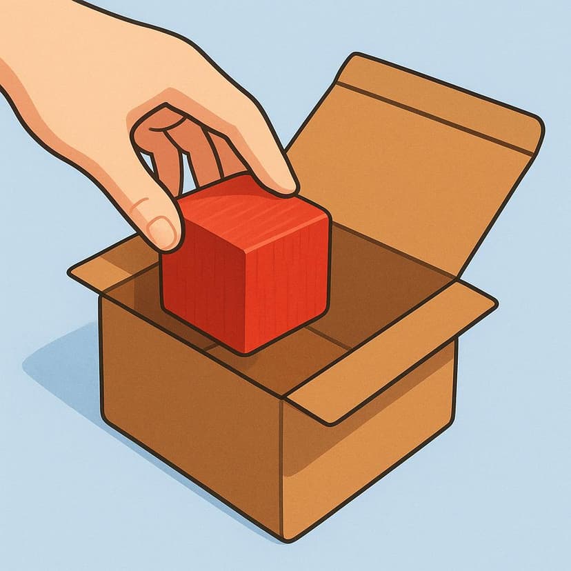 A cartoon hand gently placing a brightly colored toy block completely inside an open wooden box.